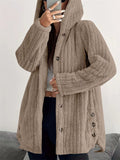 Women's Winter Solid Color Pit Stripe  Button Up Hooded Fleece Coats