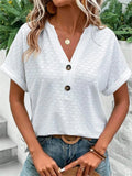Women's Casual Solid Color Jacquard Button V-neck Pullover T-shirts