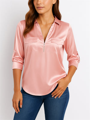 Ladies' Pink V Neck Zipper 3/4 Sleeve Satin Blouses