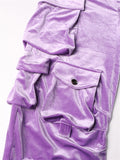 High Waisted Velvet Solid Multi-Pocket Pants for Women