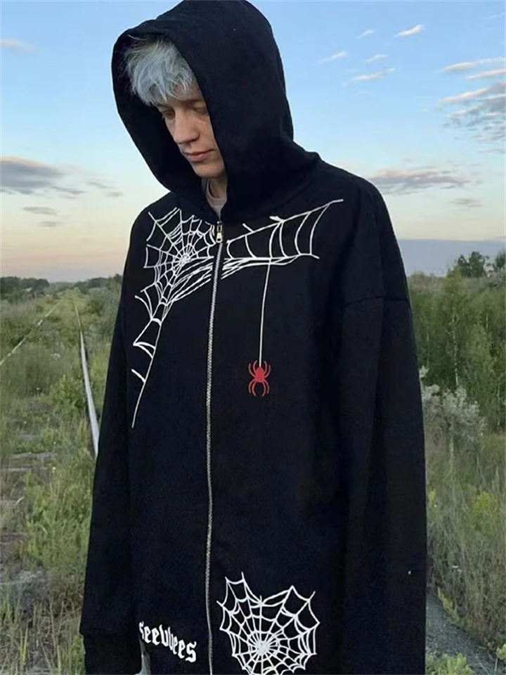 Men's Funny Spider Web Pattern Casual Zipper Hoodies