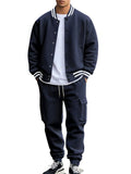 Men's Stripe Buttons Baseball Jacket and Jogger Pants Set for Casual Wear