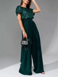Fashion Sequin Short Sleeve Shirt Wide Leg Jumpsuit for Women