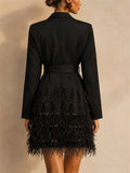 Women Black Feather Trim Party Blazer Dress with Rhinestone Belt