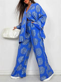 Women's Gold Floral Print Button Up Loose Fit Top and Wide Leg Pants Set‌