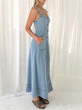 Women's Solid Color Denim Strap Maxi Dress with Pockets