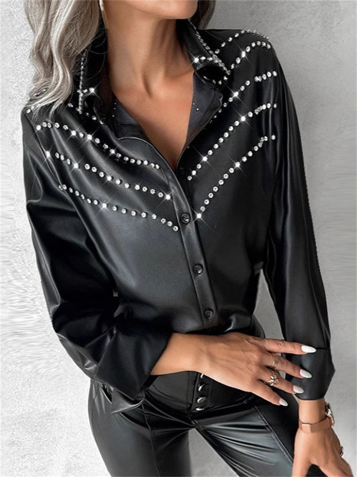 Women's Black Drilling Faux Leather Lapel Long Sleeve Blouses