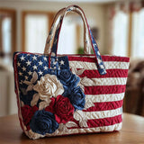 American Flag Rose Patterns Quilted Tote Bag