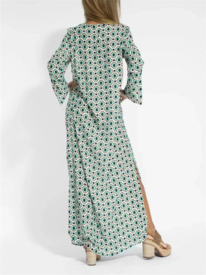 Ethnic Style V Neck Printed Long Sleeve Flowy Dress for Women