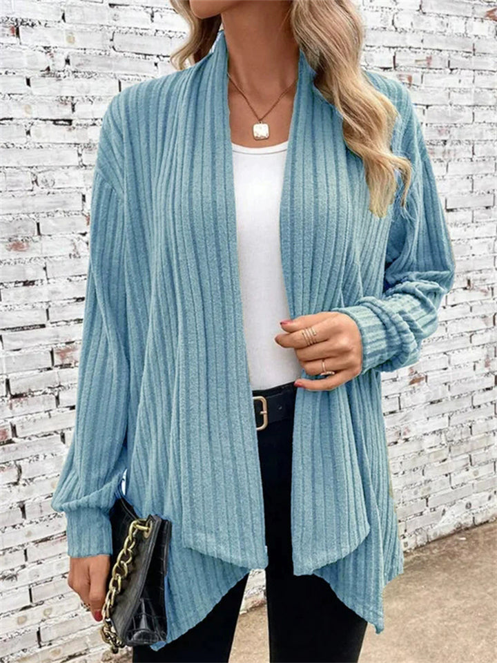 Women's Autumn Solid Color Pit Stripe Asymmetric Hem Cardigan Coats