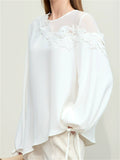 Elegant Summer 3D Flower Long Sleeve White Chiffon Shirt for Lady