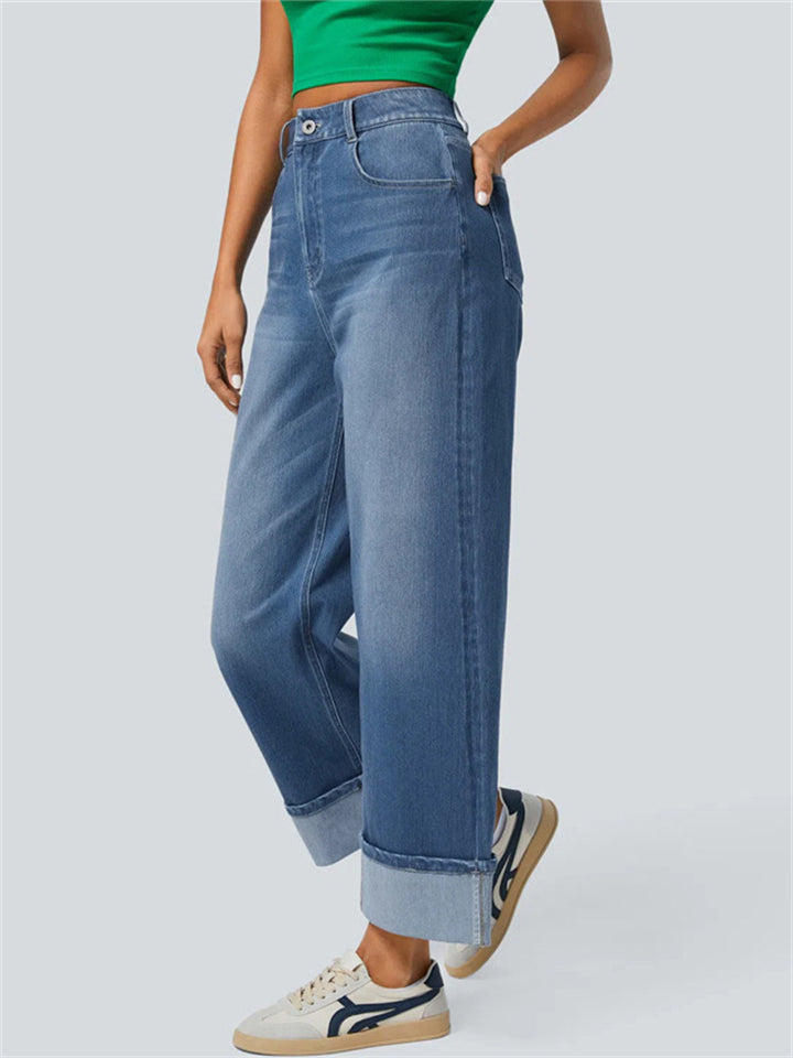 Women's Trendy High Waist Blue Wide Leg Denim Pants