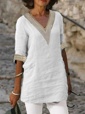 Women's Deep V-neck Half Sleeve Cotton Linen Shirts