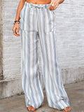 Women's Summer Stripe Pockets Drawstring Wide Leg Pants