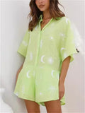 Women's 2pcs Casual Simple Print Button Up Short Sleeve Top & Pants Set