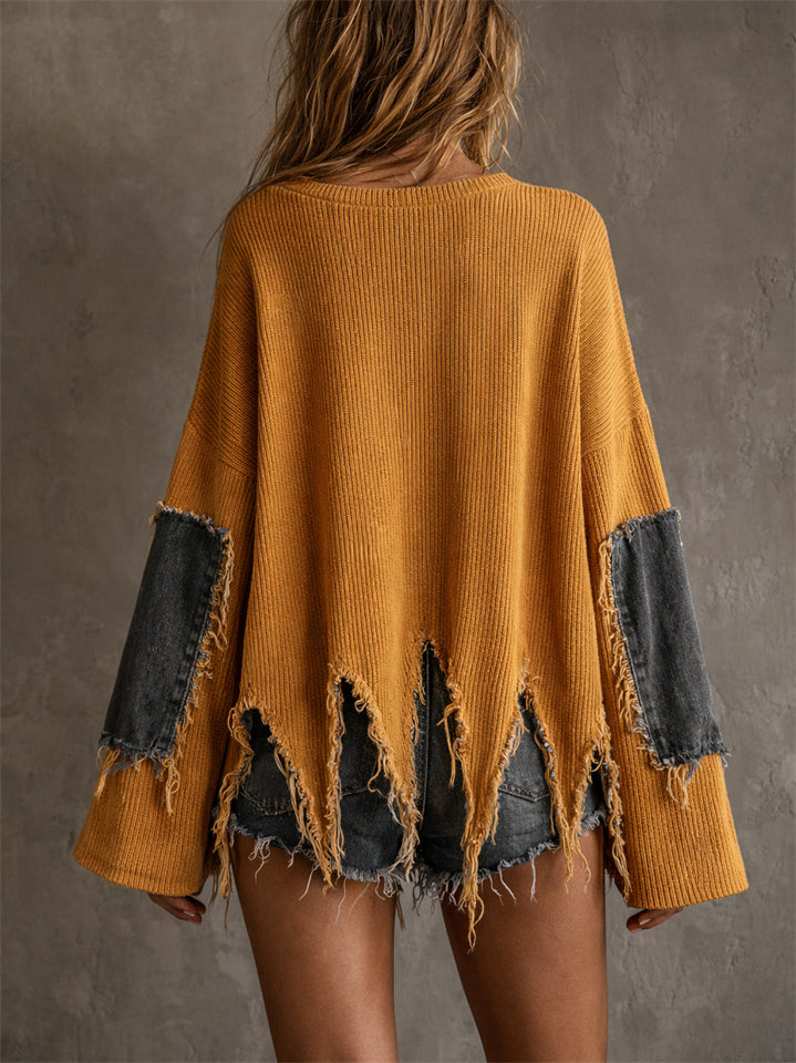 Womens Oversized Distressed Ribbed Knit Denim Patch Sweater