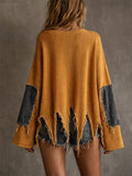 Womens Oversized Distressed Ribbed Knit Denim Patch Sweater