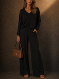 Women's V Neck Long Sleeve Loose Fit Comfy Top and Pants Lounge Set