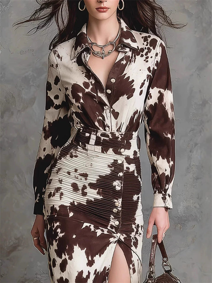 ‌Women's Cow Print Contrast Color Midi Slim Fit Split Shirt Dress