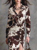 ‌Women's Cow Print Contrast Color Midi Slim Fit Split Shirt Dress