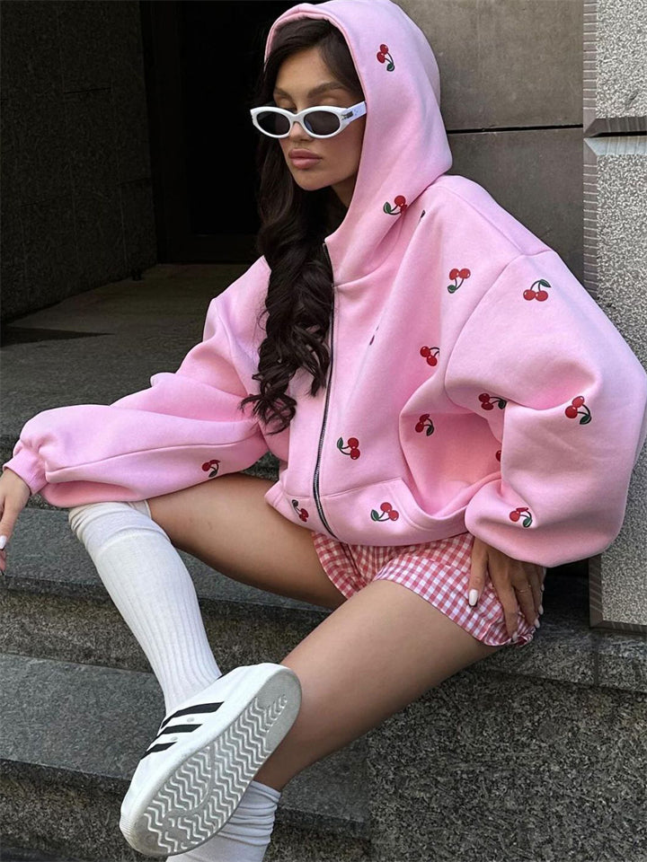 Women's Loose Cheery Print Zip Up Long Sleeve Hoodie