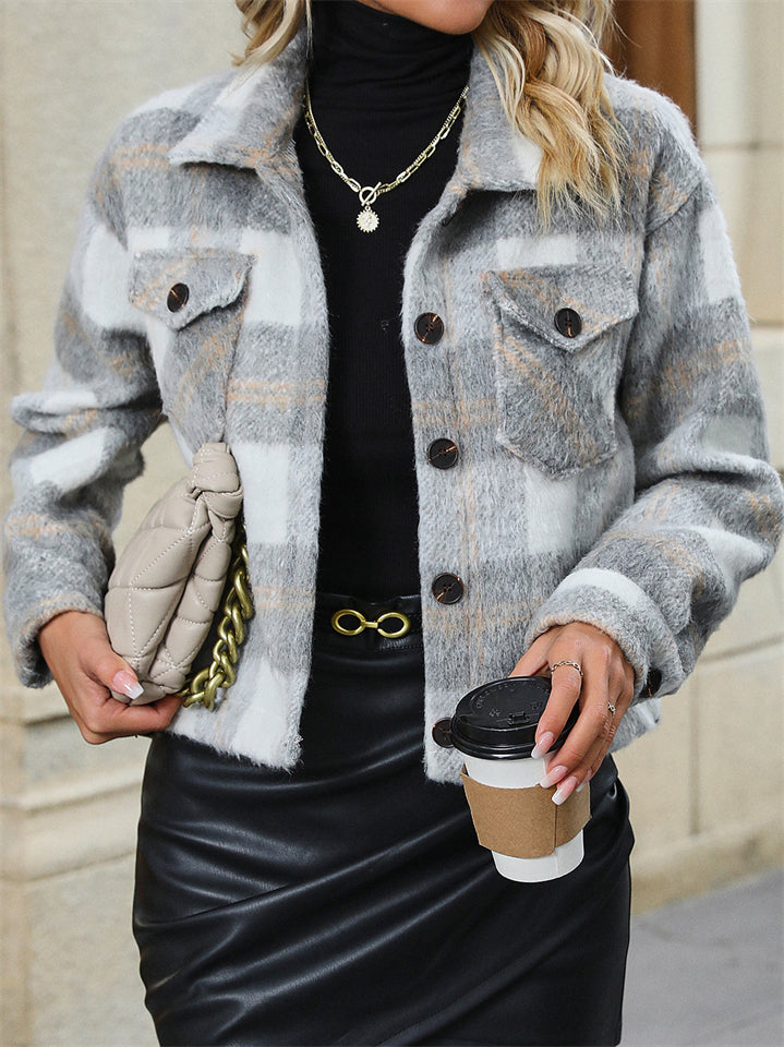 Women's Casual Plaid Single Breasted Waist Length Long Sleeve Coat