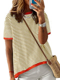 Stripe Contrast Color Short Sleeve Knitted Tops for Women