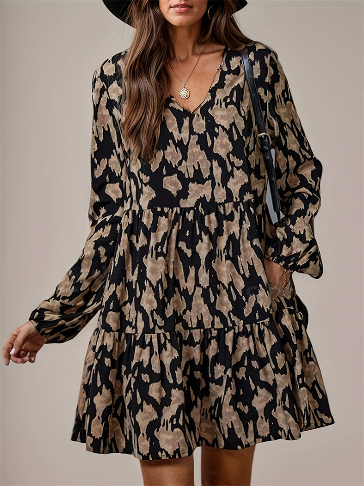 Women's Summer Retro Print Contrast Color V Neck Above Knee Length Dress