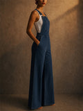 Women Denim Overalls Wide Leg Backless Bib Jumpsuit with Pocket