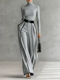 ‌Modern Grey Turtleneck & High Waist Contrast Piping Wide Leg Pants Set‌