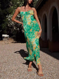 Female Spaghetti Strap French Style Printed Low-cut Dress