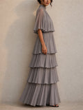 Womens Taupe High Neck Cape Pleated Tiered Evening Maxi Dress
