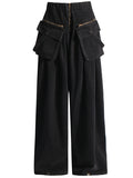 Fashion Pockets Wide Leg Distressed Denim Pants for Women