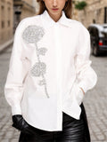 Solid Color Loose 3D Flower Button Up Lapel Long Sleeve Women Blouses