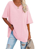 Women's Summer Candy Color Simple V Neck Short Sleeve Shirts