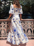 Women's Flower Printed Square Neck Lantern Sleeve Dresses