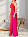 Women's Contrast Color One-Shoulder Floor Length Dress