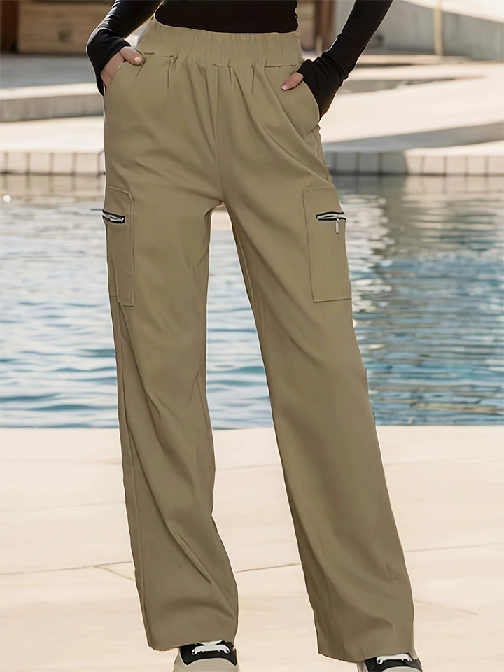 Women's Casual Streetwear Elastic Waist Zipper Pockets Cargo Pants