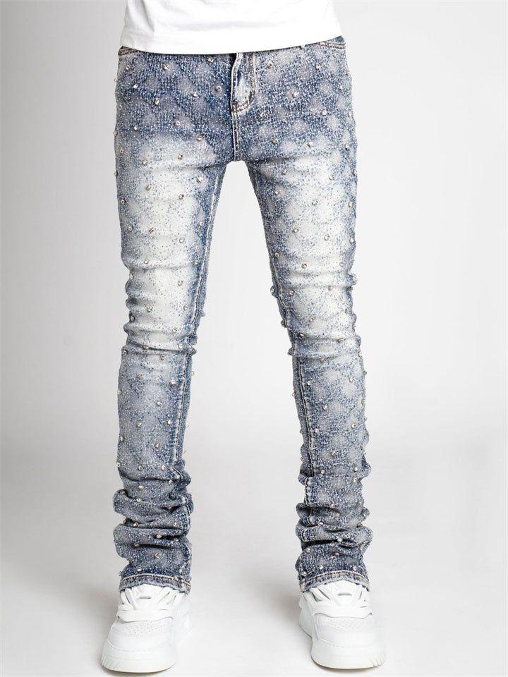 Men's High Waist Stretch Beads Decorated Skinny Jeans
