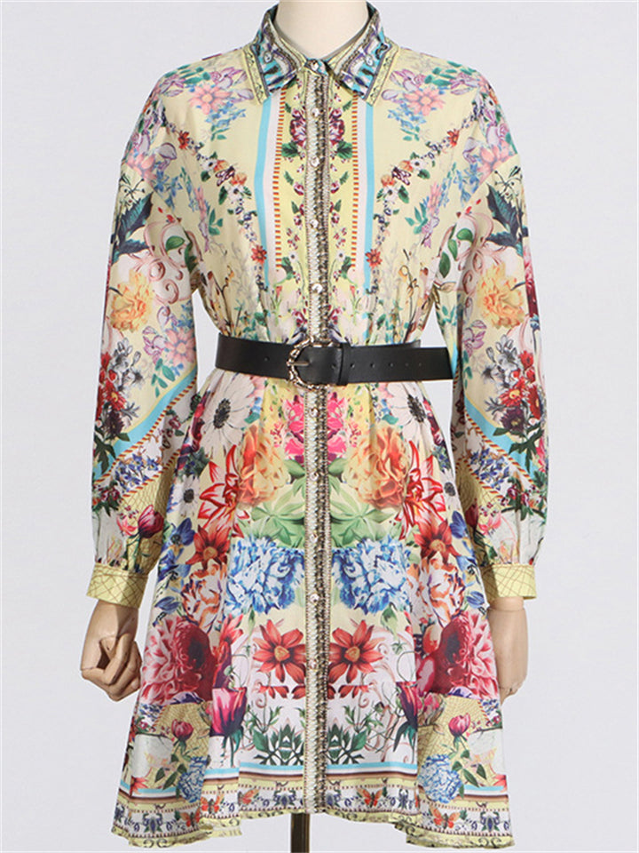 Women's Long Sleeve Summer Floral Print Button Up Lapel Mini Dress