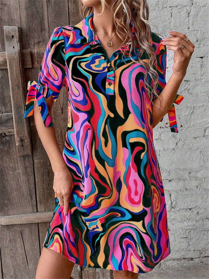 Women's Trendy Contrast Color Printed Bow Tie Half Sleeve Shirt Dress