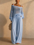 Women 2 Piece Crochet Top and Wide Leg Beach Pants Set