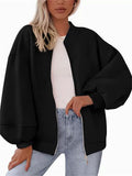Women's Autumn Simple Puff Sleeved Zip Up Baseball Collar Coats