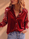 Women Sequin Velvet Button Down Long Sleeve Party Blouse