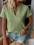 Simple Vertical Stripe V Neck Short Sleeve Shirt for Women