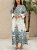 Women's Retro Elegant Printed Beads Round Neck Muslim Robe Dress