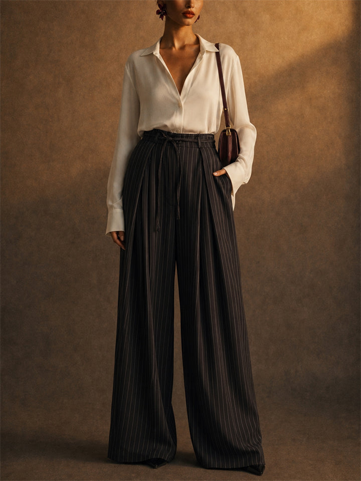 Women Pinstripe Wide Leg Drawstring High Waist Baggy Pants