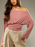 Ladies' Autumn Elegant Striped Sabrina Neck Long Sleeve Blouses