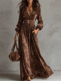 Autumn Vintage V Neck Pleated Puff Sleeve Maxi Dress for Women