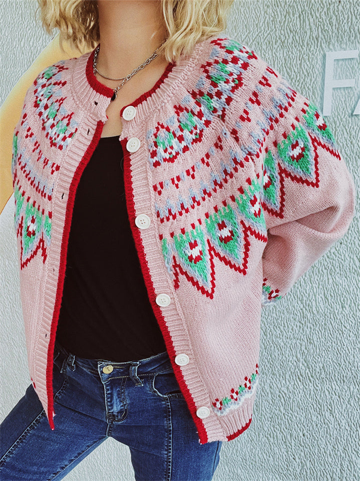 Women's Ethnic Style Contrast Color Crochet Button Up Cardigan Sweater
